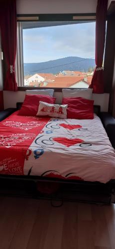 un lit dans une chambre avec une grande fenêtre dans l'établissement studio résidence la Mauselaine la perle des Vosges, à Gérardmer