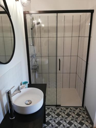 une salle de bain avec un lavabo et une douche dans l'établissement Chambre d'hôtes Le Cocon des Champs, à Buzet-sur-Baïse