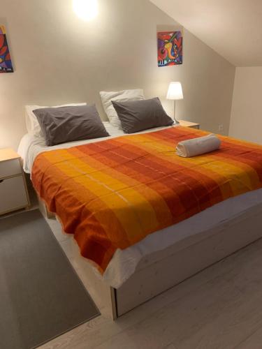 une chambre avec un grand lit avec une couverture colorée dans l'établissement Appartement neuf et très calme, à Avignon