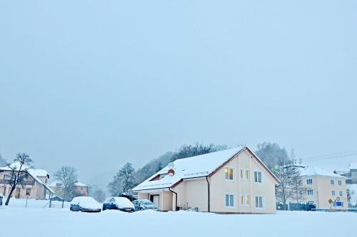 a house in the snow with cars parked at Pension Nataliya in Ostrov