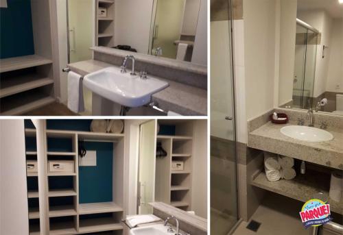 two pictures of a bathroom with a sink and a shower at Hot Beach Suites in Olímpia