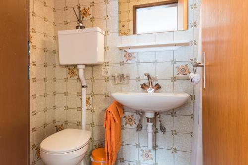 a bathroom with a toilet and a sink at Haus Alpenblick in Saas-Grund