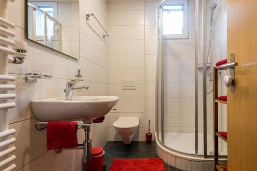 ein Bad mit einem Waschbecken, einer Dusche und einem WC in der Unterkunft Haus Alpenblick in Saas-Grund