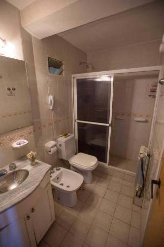 a bathroom with a toilet and a sink and a shower at Hualcupen Complejo in Copahue