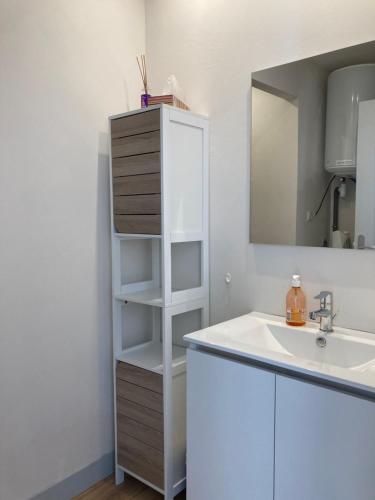une salle de bain avec un lavabo et un meuble blanc dans l'établissement La Parisette, à La Bourboule