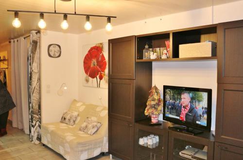 a living room with a tv and a entertainment center at Studio pied de pistes avec place de parking privé extérieure LA MONGIE TOURMALET in La Mongie