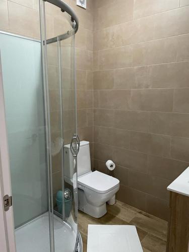 a bathroom with a toilet and a glass shower at Ático Laan en Setenil de las Bodegas in Setenil