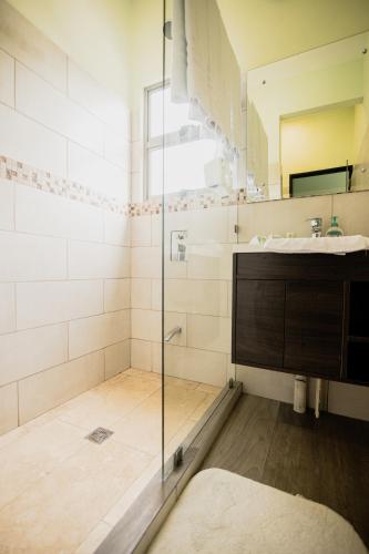 une salle de bains avec douche en verre et lavabo dans l'établissement Palo Rosa, à Quepos