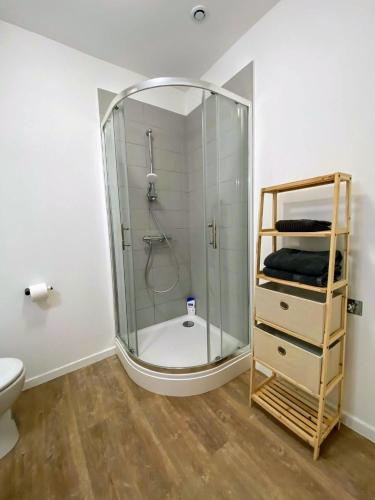 une douche avec une cabine en verre dans une salle de bain dans l'établissement BALCON SUR LE MONDE - T2 COEUR DE VILLE, à Agen