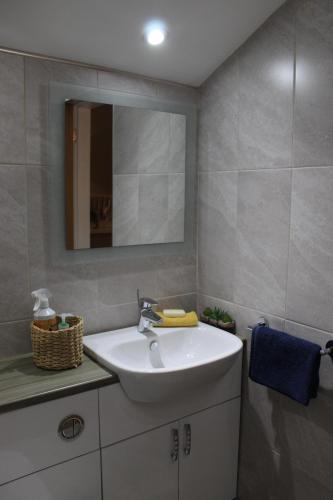 a bathroom with a white sink and a mirror at The Hill B&B in Middleton in Teesdale
