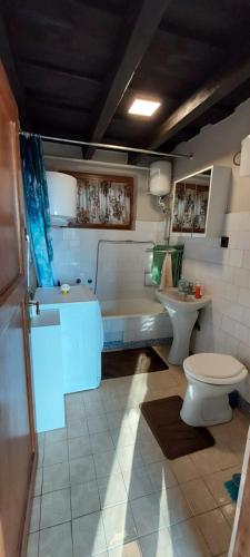 e bagno con servizi igienici, vasca e lavandino. di Panoráma vendégház a Kismaros