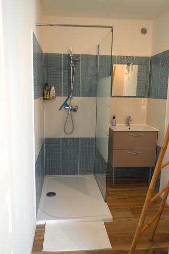 a bathroom with a shower and a sink at Rêve de Causse in Saint-Michel