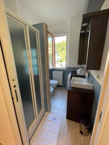 ein Bad mit einer Dusche, einem Waschbecken und einem WC in der Unterkunft Al Piano 2 in Ancona