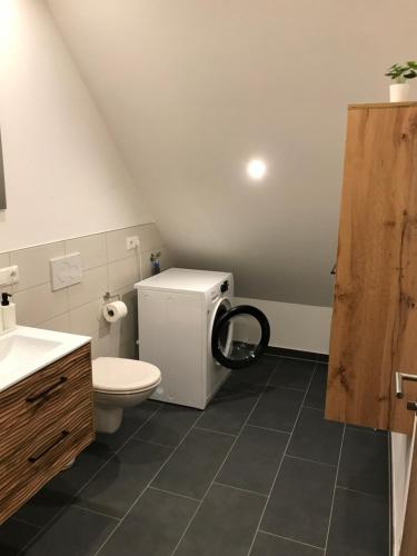 a bathroom with a white toilet and a sink at Heimatliebe Bruckmaier in Neustadt an der Donau