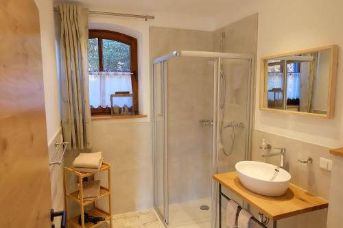 a bathroom with a glass shower and a sink at Ferienwohnung Stöckl in Grabenstätt