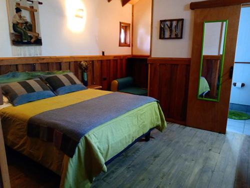 a bedroom with a large bed and a mirror at Casa del rio in Radal