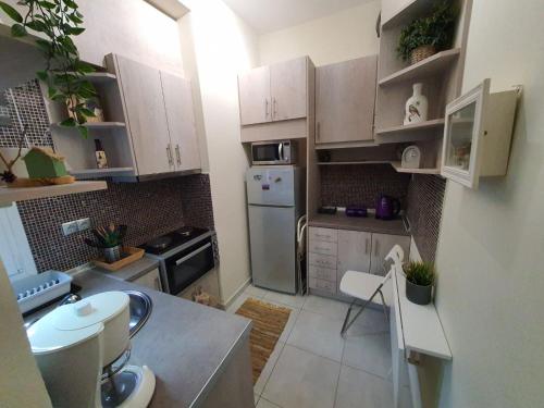 eine kleine Küche mit weißen Schränken und einem Kühlschrank in der Unterkunft Cozy Little Home in Athen