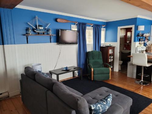 a living room with a couch and a tv at Les Chatons Azur - Chalet in Saint-Fabien