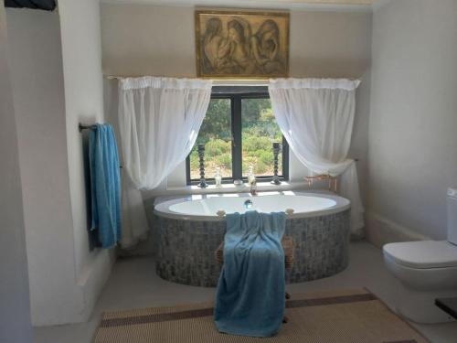 a bathroom with a tub and a toilet and a window at Prinspoort Klein Karoo Stay in Ladismith