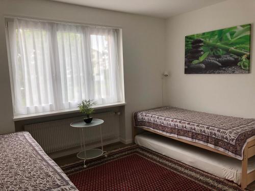 Tempat tidur dalam kamar di Ferienwohnung Rapperswil