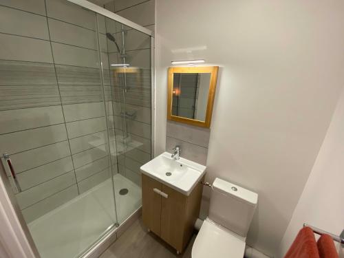a bathroom with a shower and a toilet and a sink at Villa Raphaëlle #2 Centre ville avec parking in Le Havre