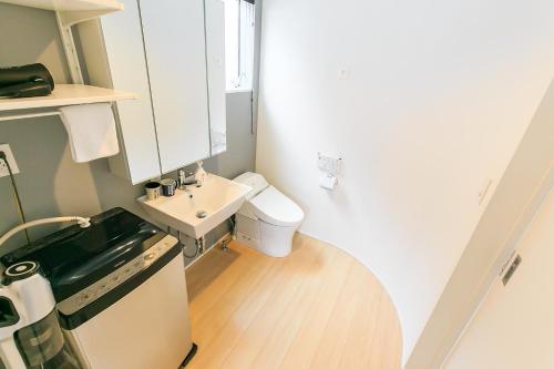 a small bathroom with a sink and a toilet at trive osu west 最大9名宿泊可能 1台無料駐車場付き in Minami-sotoborichō