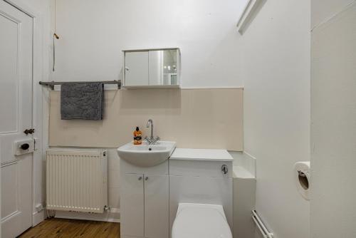 La salle de bains blanche est pourvue de toilettes et d'un lavabo. dans l'établissement Bright flat in Lauder Centre, à Lauder