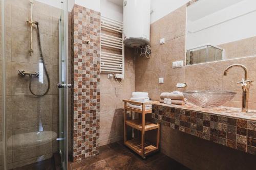 uma casa de banho com um lavatório e um chuveiro em Apartament Górski - SPA pod Nosalem em Zakopane