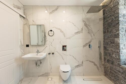 a bathroom with a sink and a toilet and a shower at Eloa Luxury Villa in Chania Town