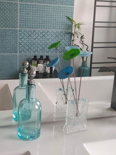 - deux bouteilles en verre assises sur un comptoir dans une salle de bains dans l'établissement LA MAISON BLEUE, à 20 mn de Strasbourg, sur la route des vins, jusqu'à 6 personnes, Sélestat, à Sélestat