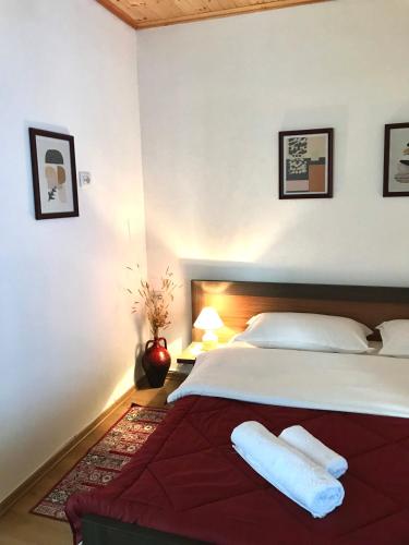 a bedroom with a bed with two pillows on it at Grandpa’s Home in Gjirokastër
