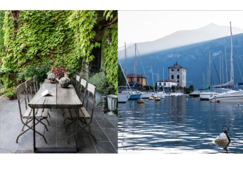 two pictures of a table and boats in the water at Pescallo Apartments in Bellagio