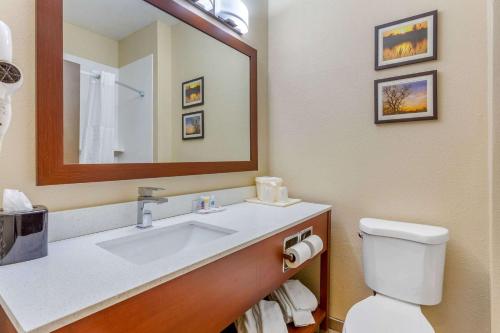 a bathroom with a sink and a mirror and a toilet at Comfort Inn Rockford near Casino District in Rockford