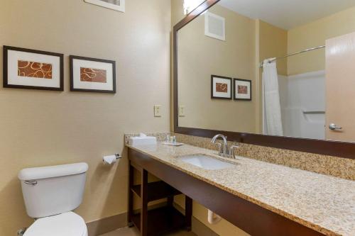 a bathroom with a toilet and a sink and a mirror at Comfort Suites in Columbus