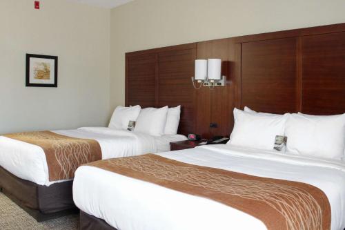 two beds in a hotel room with white sheets at Comfort Inn & Suites in Fultondale