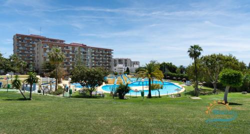 a large swimming pool in a park with palm trees at Júpiter Suites by Kaarina in Benalmádena