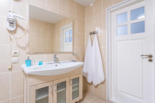 a bathroom with a sink and a mirror and a shower at Ostrov Park Hotel in Ostrov