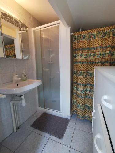 une salle de bain avec douche et lavabo dans l'établissement Les Lavandines -Coquette Maison de Vacances - 400 m de la plage - Grande Terrasse - 2 chambres - 2 salles de bain - Tout confort, à Argelès-sur-Mer