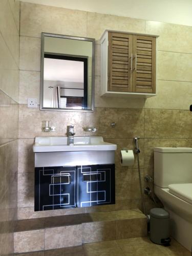 a bathroom with a sink and a mirror and a toilet at Villa Prana île Maurice in Grand Baie