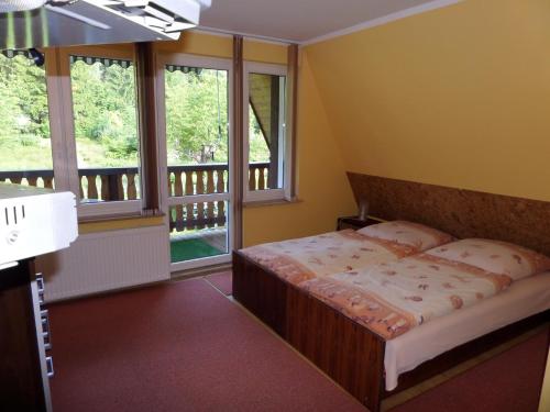 a bedroom with a bed in front of a window at Sylwia in Szklarska Poręba