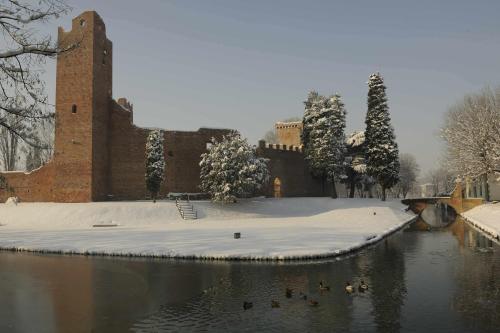 a building with snow on the water and ducks in it at Al Leone di San Marco LUXURY & RELAX in Noale