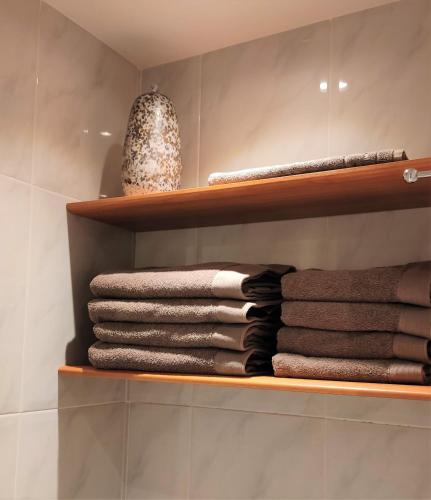 a shelf with towels on it in a bathroom at Apartament Natura amb Calma in Olot