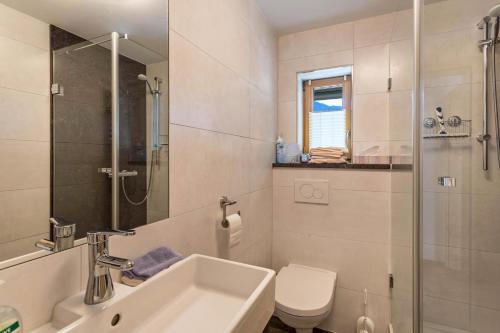 a bathroom with a sink and a toilet and a shower at Ferienwohnung Amethyst in Mittenwald