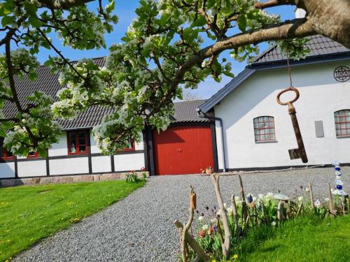 un granero rojo y blanco con una puerta roja en B&B Bauernhofferien auf Møn en Askeby