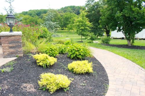 a garden with flowers and a brick walkway at Mary's Land Farm in Ellicott City