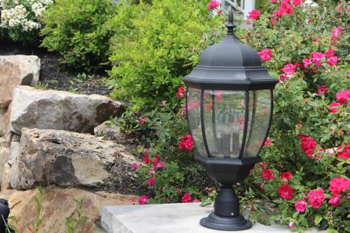 a black street light in front of pink flowers at Mary's Land Farm in Ellicott City