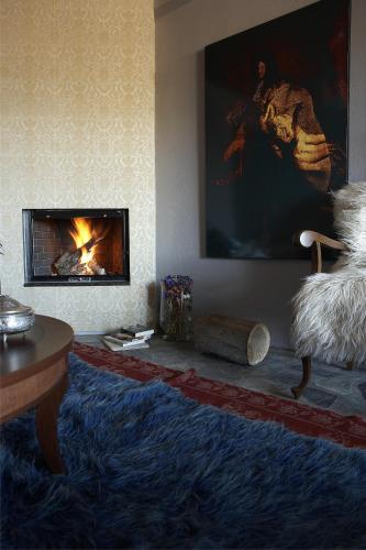 a living room with a fireplace and a blue rug at Art Hotel Mirtali in Dodoni