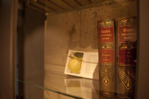 two books are sitting on a glass shelf at Storyhotel Bergischer Hof Königswinter in Königswinter
