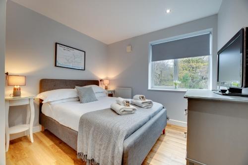 a bedroom with a bed and a tv and a window at Swan Apartments 2A Cosy City Break Staycation in Newcastle upon Tyne