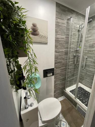 a bathroom with a shower and a toilet with plants at Myhomezen Chessy Disneyland Val d'Europe - 3D PlayStation 4 in Chessy